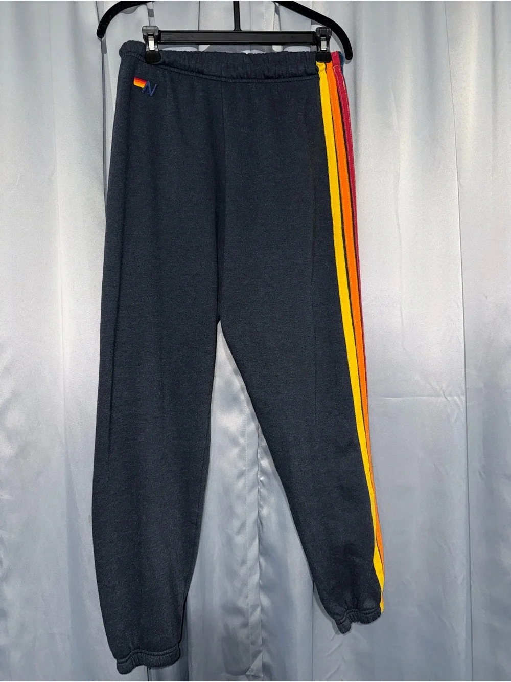 Aviator Nation Black Track Joggers with Red Orange Yellow Side Stripes - Picture 3 of 7